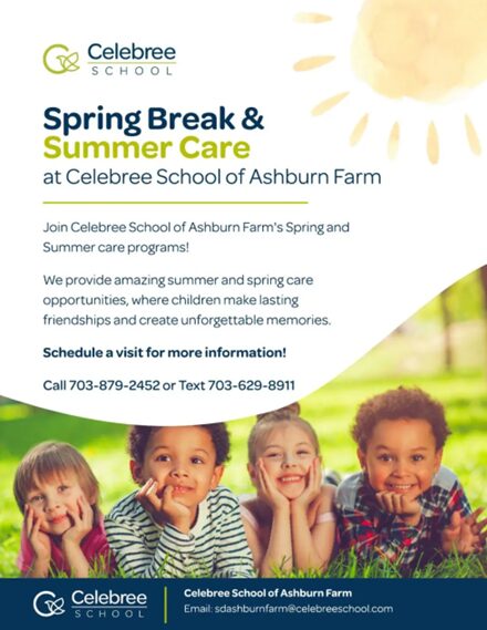 A Celebree School flyer that displays details about spring break and summer care with a picture of kids in the grass. 