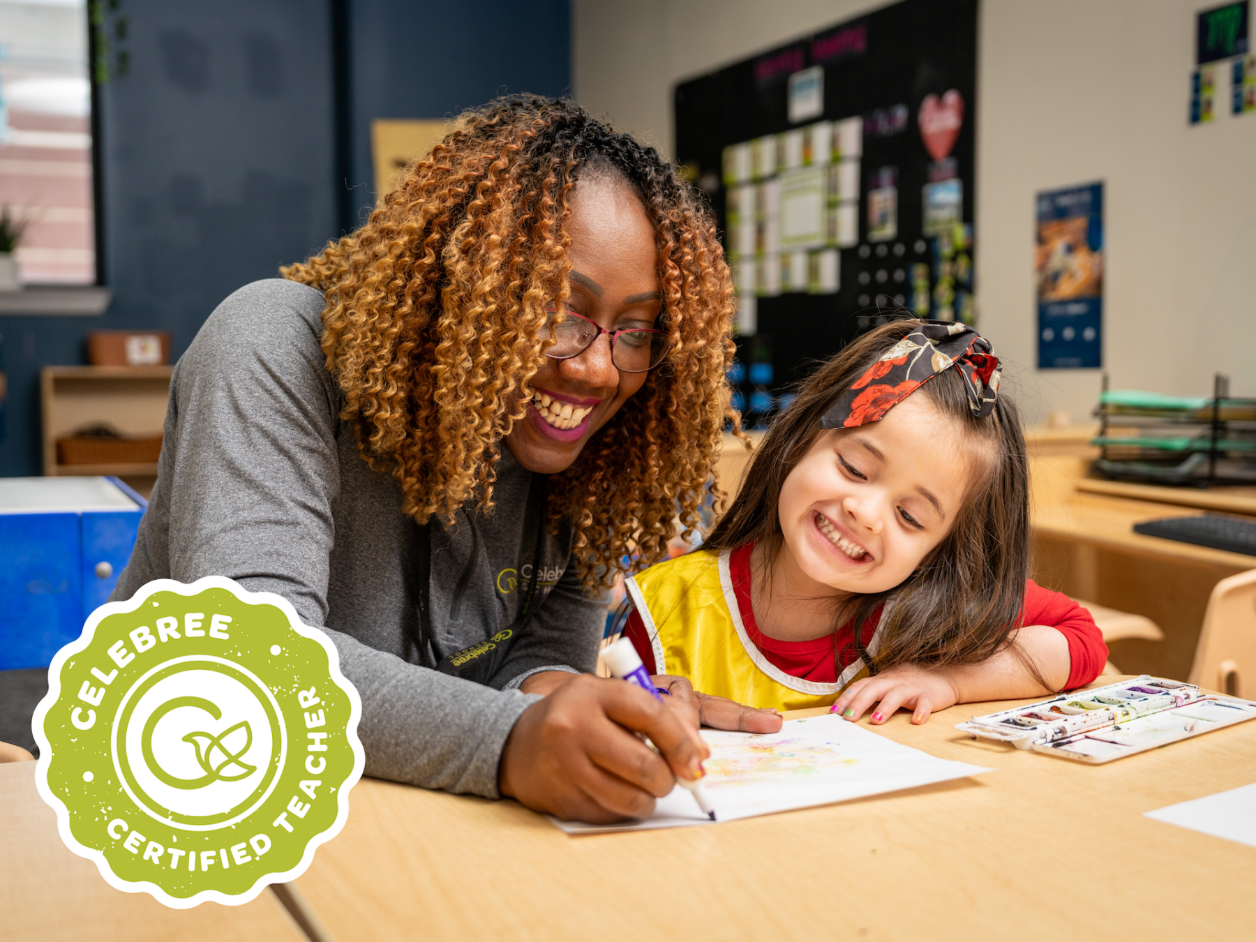 Teacher and child doing work at desk with celebree certified badge on image