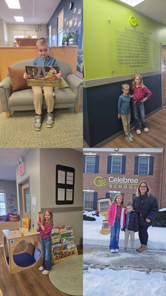 Collage showing kids reading and exploring at Celebree School of Branchburg-Somerville, including the lobby seating area, hallway mission wall, reading nook, and an exterior photo by the school sign.