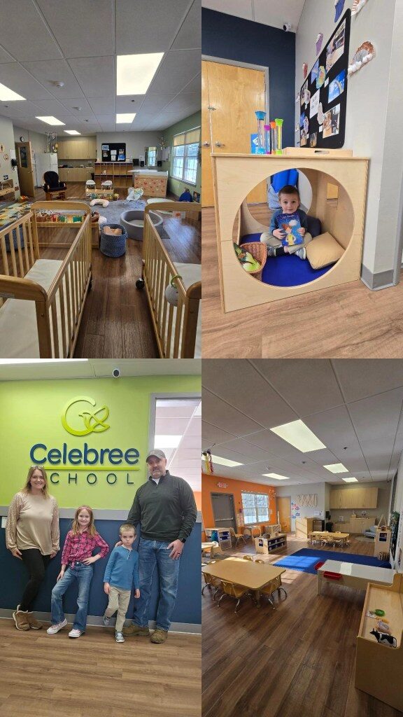 Collage featuring interior classroom spaces at Celebree School of Branchburg-Somerville, including an infant room with cribs, a cozy circle reading nook, a family photo by the school logo, and a preschool classroom setup.