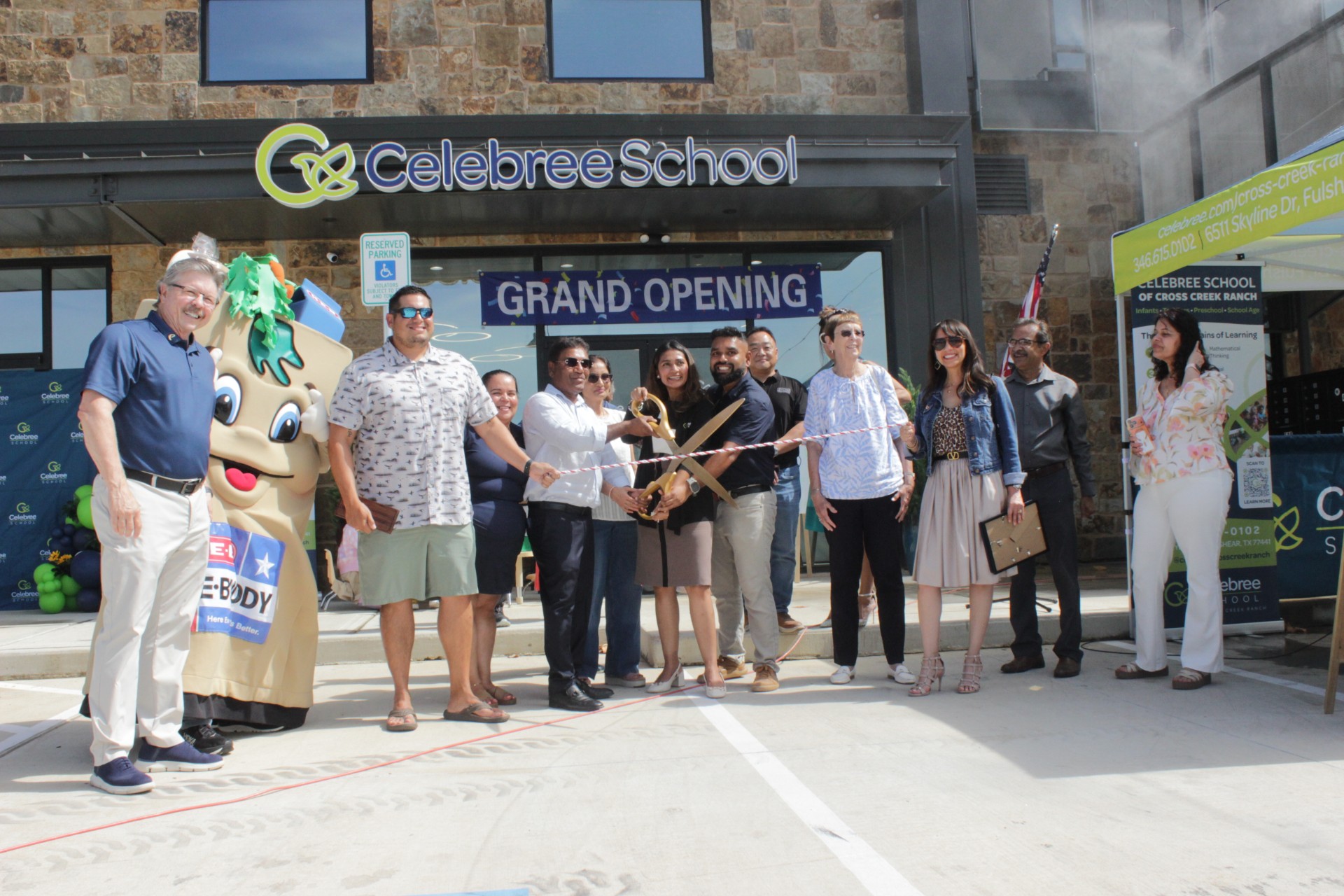Ribbon-cutting ceremony celebrating the grand opening of Celebree School of Cross Creek Ranch with local leaders, community members, and school owners in Fulshear, Texas.