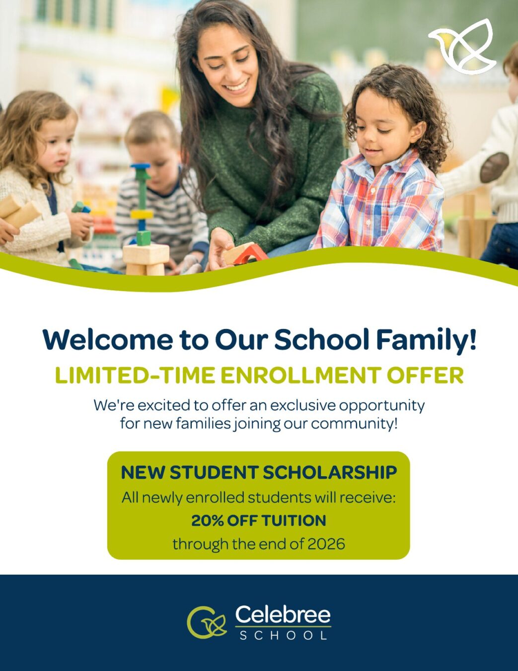 Children playing with building blocks with a teacher nearby; promotional flyer text for Celebre School about welcoming families and a limited-time tuition offer.