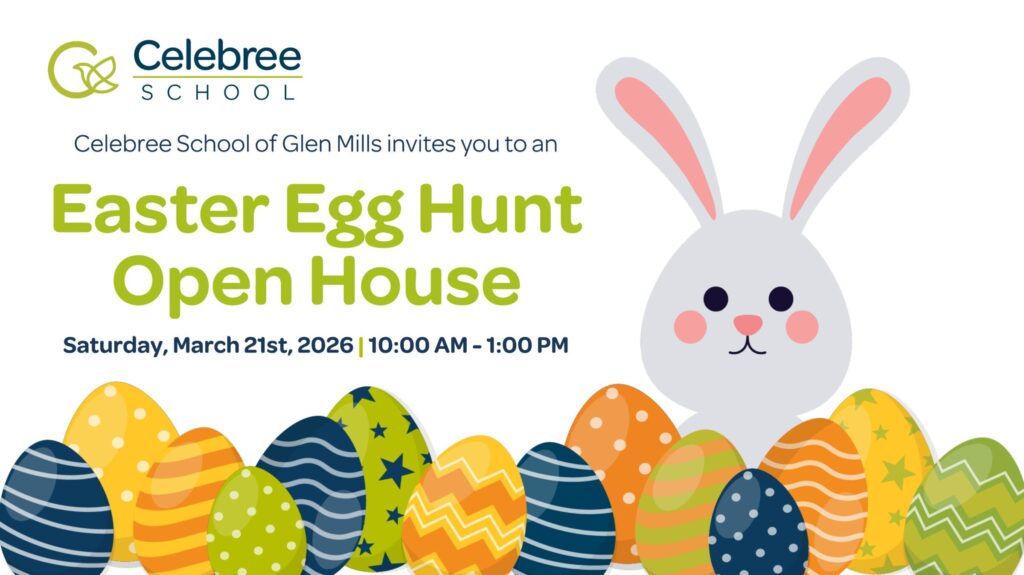 Celebree School of Glen Mills Easter Egg Hunt Open House event graphic featuring colorful Easter eggs and a bunny inviting families to a spring community celebration.