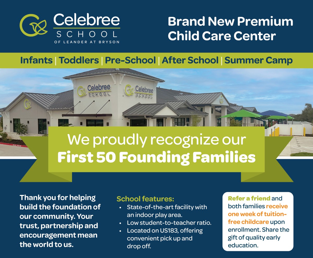 Celebree School banner announcing a brand-new premium child care center; shows a modern building with a lime ribbon stating 'We proudly recognize our First 50 Founding Families'.