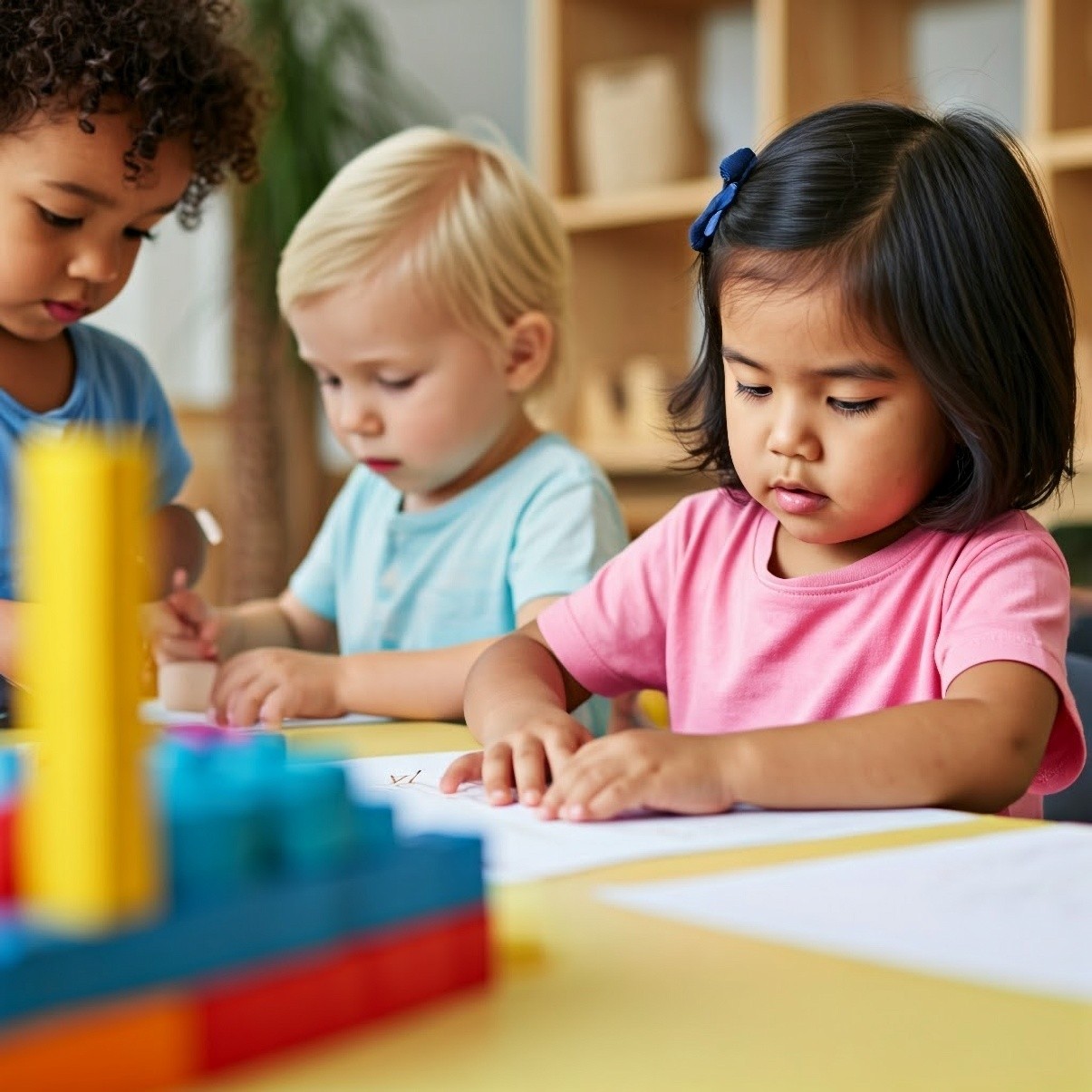A little girl with black hair and a pink shirt looking at a piece of paper on a table next to other preschool children coloring.