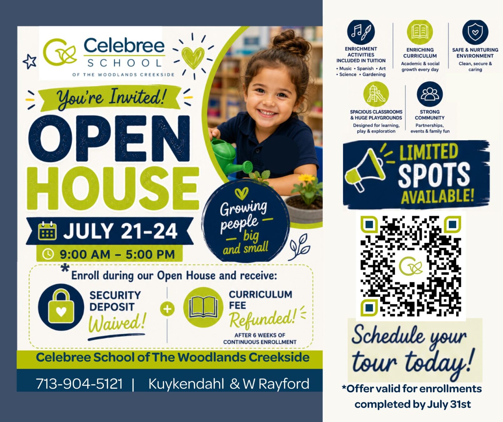 Open House flyer for Celebrbee School with smiling child, dates July 21–24, 9:00 AM–5:00 PM, and enrollment details