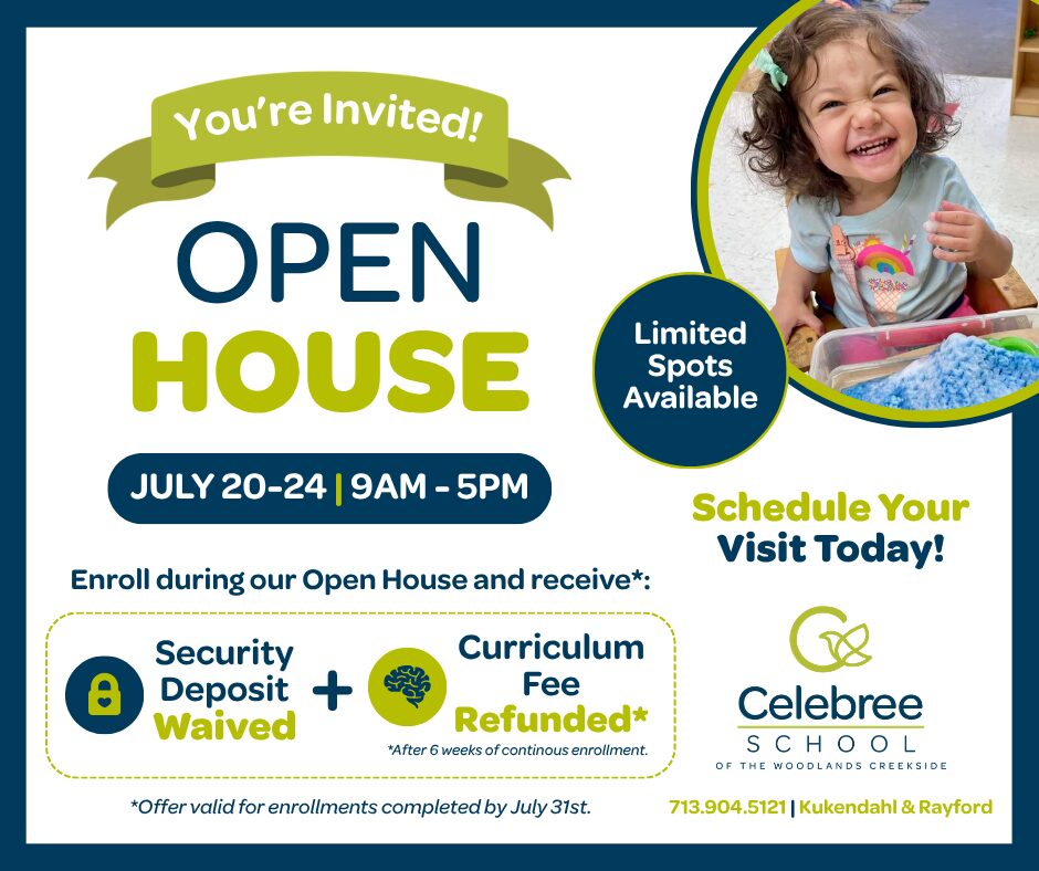 Open House flyer: invites you to July 20–24, 9am–5pm, with limited spots and visit reminder; includes Celebree School branding and a child photo on the right.