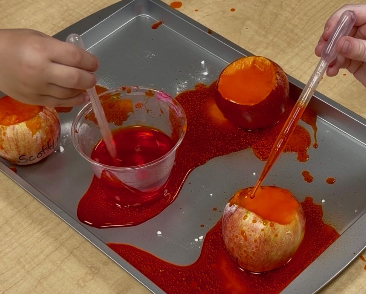 Preschool children using droppers to create bubbling apple volcano experiments with colorful liquids, exploring hands-on STEM learning, science, and kindergarten readiness.