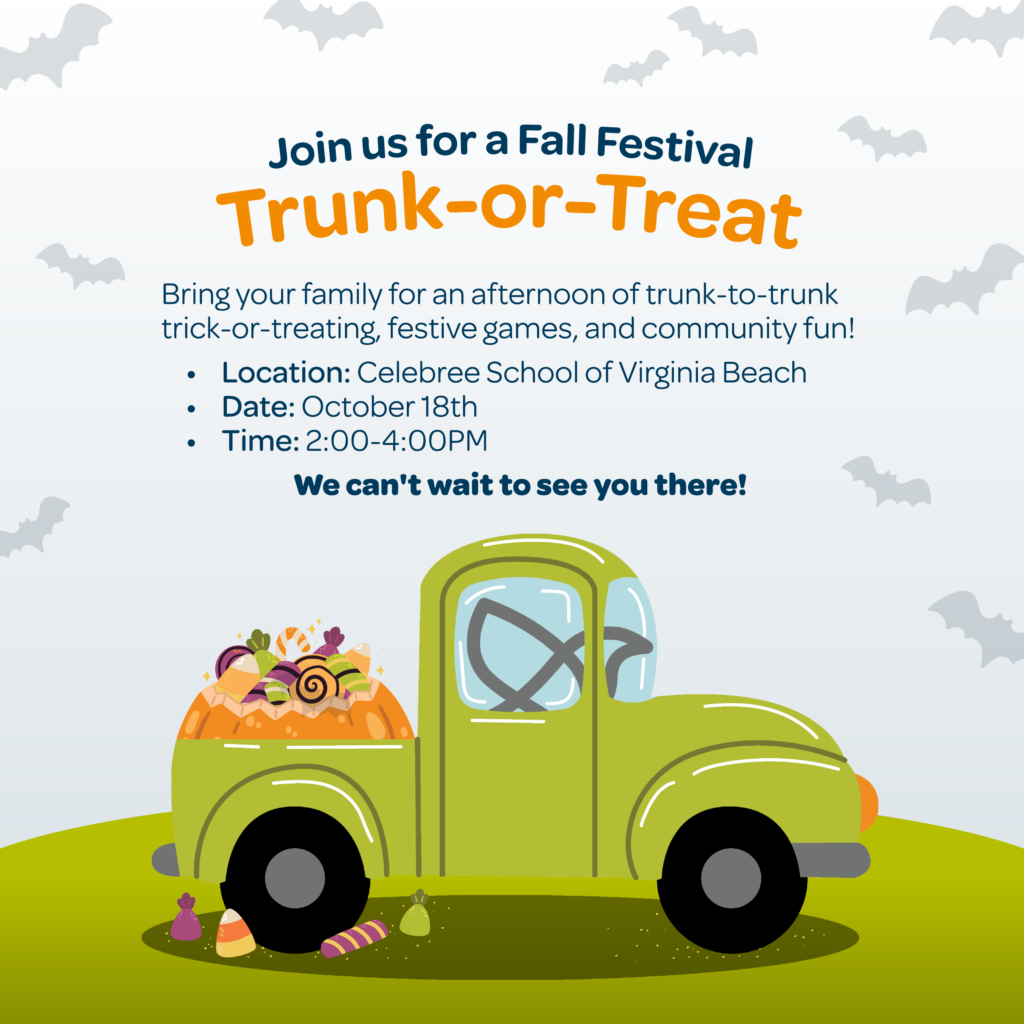 Celebree School of Virginia Beach's Trunk-or-Treat event for October 18th from 2-4pm.