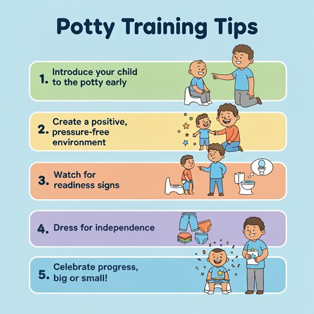 An infrographic that lists the potty training tips for parents. 