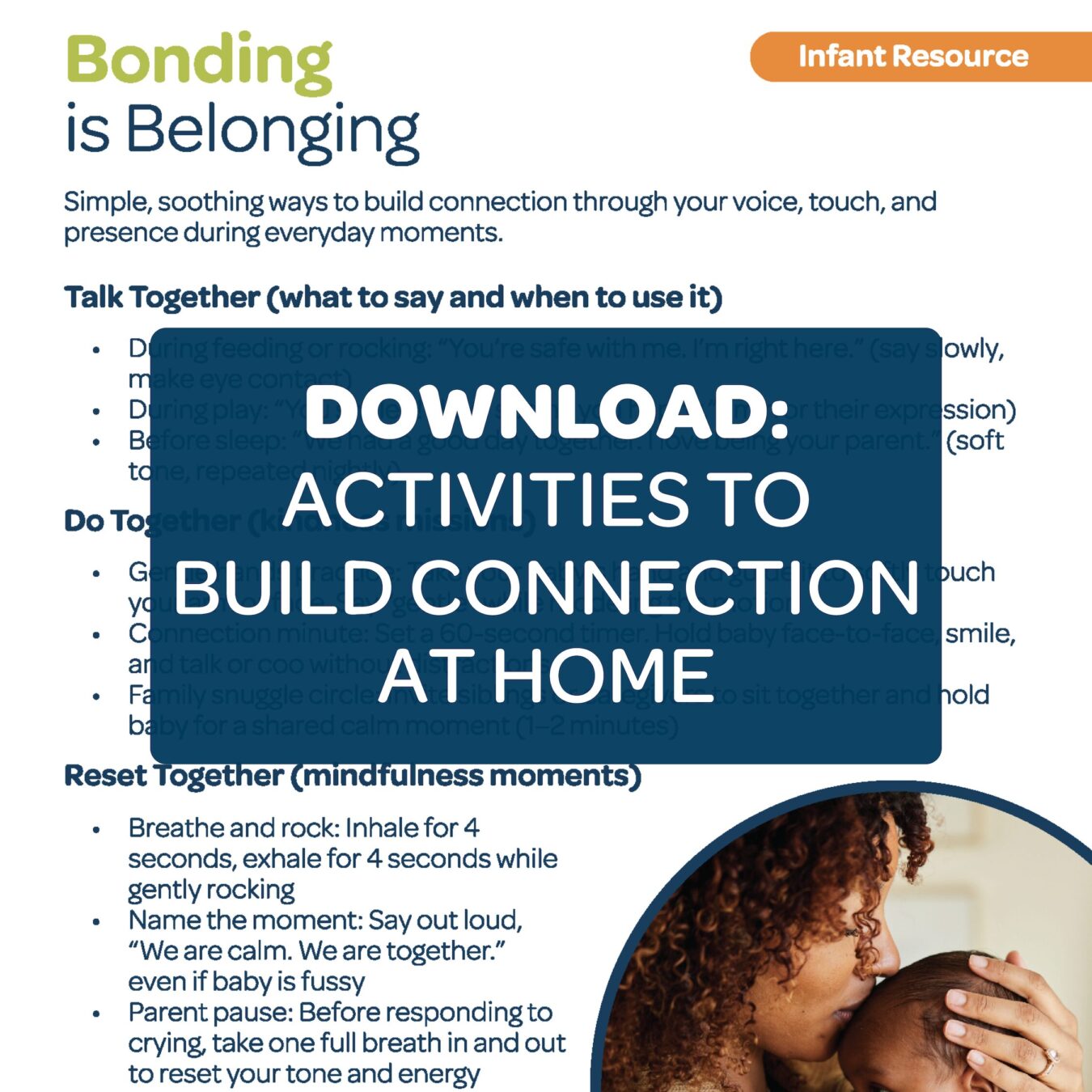 Infant resource guide titled “Bonding is Belonging” with simple activities and prompts to help parents build connection with their baby at home.