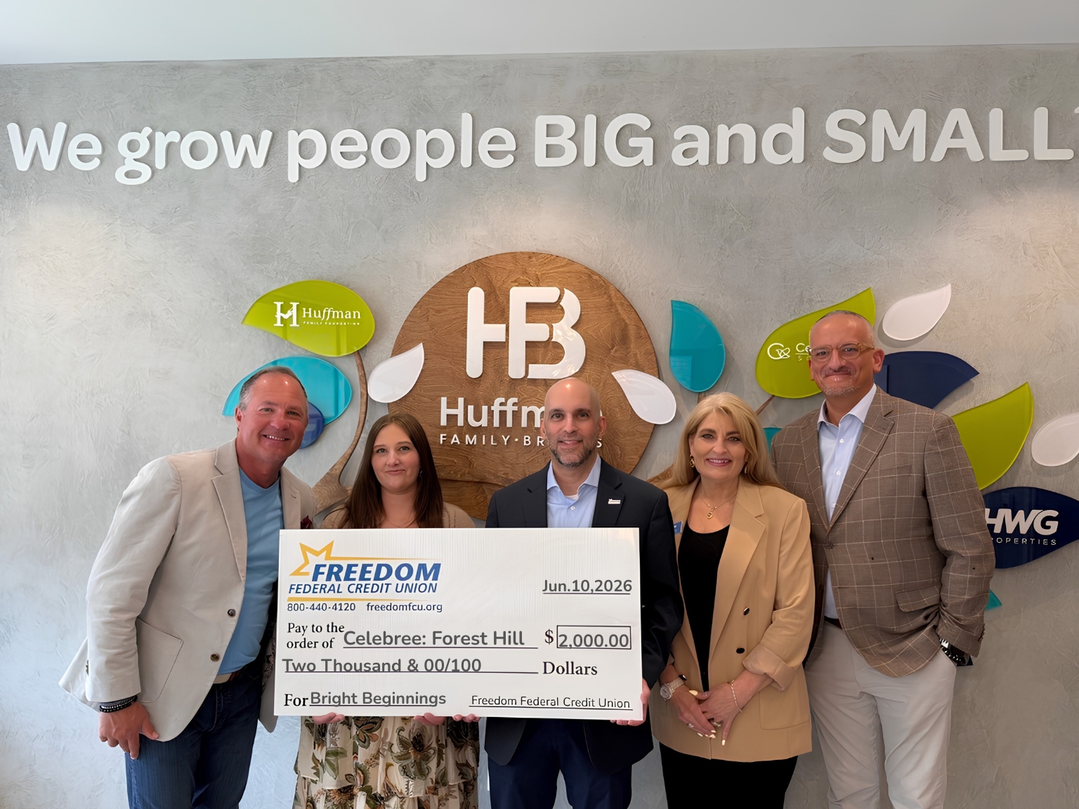 Freedom Federal Credit Union presents a Bright Beginnings Grant to Celebree School of Forest Hill, recognizing innovative classroom improvements that support inclusive early childhood education and child development.